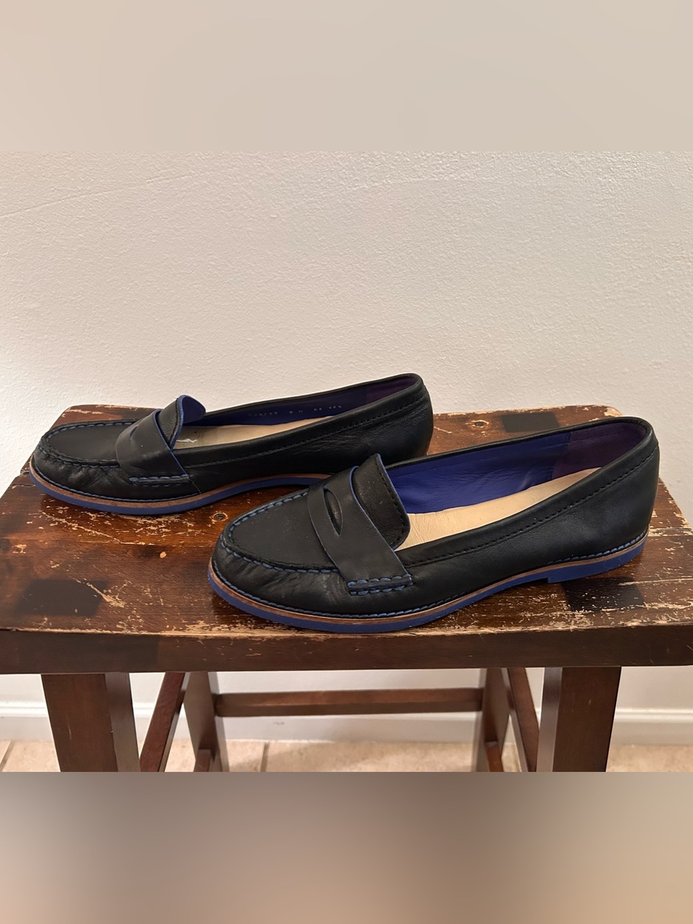 Cole Haan Black Leather Penny Loafers with Navy Trim - Picture 3 of 8